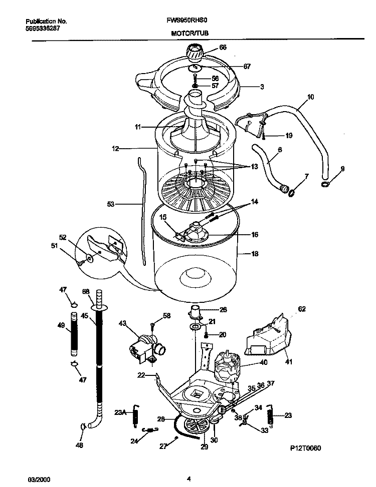 P12T0060 WSHR MTR, HOSE Diagram and Parts List for FWS950RHS0  Frigidaire Washer
