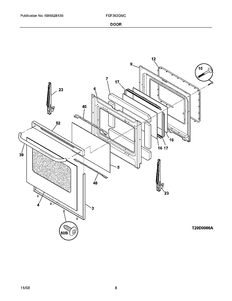DOOR Diagram and Parts List for FEF352GMC  Frigidaire Range