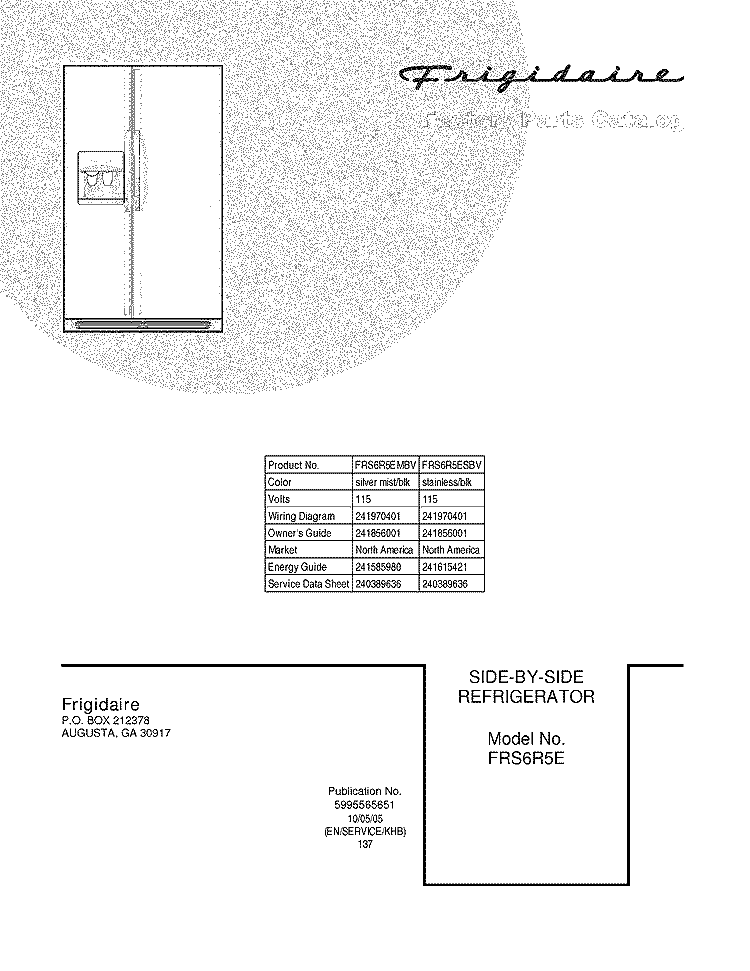 COVER Diagram and Parts List for FRS6R5EMBV  Frigidaire Refrigerator