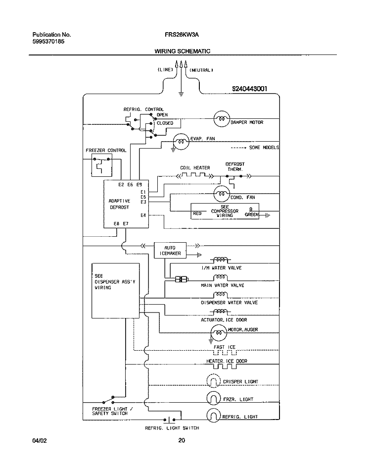 WIRING SCHEMATIC Diagram and Parts List for FRS26KW3AQ3  Frigidaire Refrigerator