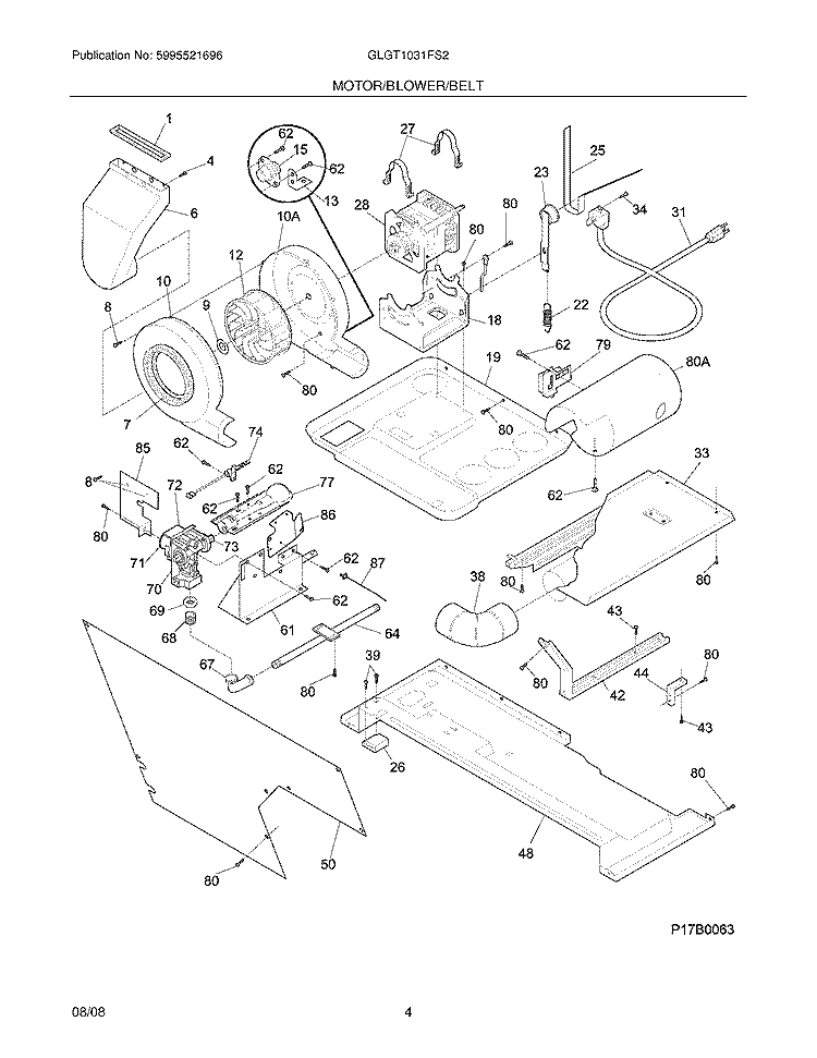 MOTOR/BLOWER/BELT Diagram and Parts List for GLGT1031FS2  Frigidaire Washer Dryer Combo