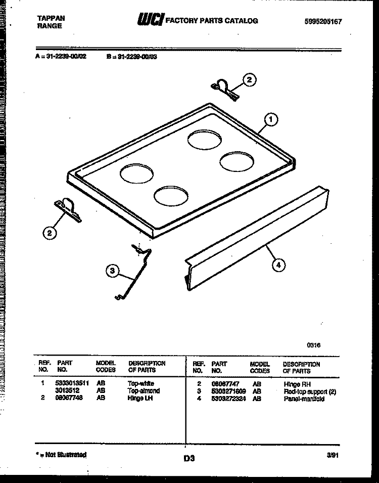 COOKTOP PARTS Diagram and Parts List for 31-2239-00-03  Tappan Range