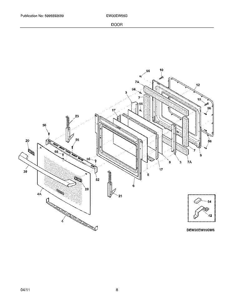 DOOR Diagram and Parts List for EW30EW55GW6  Electrolux Wall Oven
