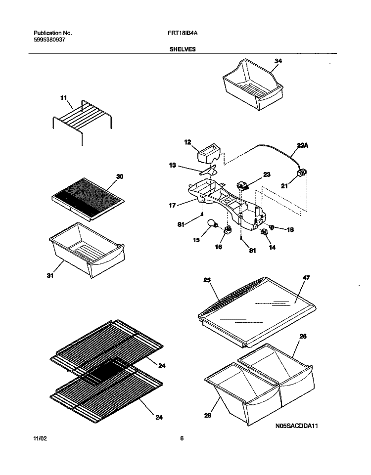 SHELVES Diagram and Parts List for FRT18IB4AW6  Frigidaire Refrigerator