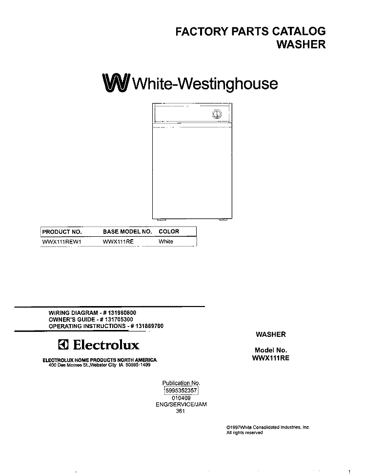 COVER Diagram and Parts List for WWX111REW1  Westinghouse Washer