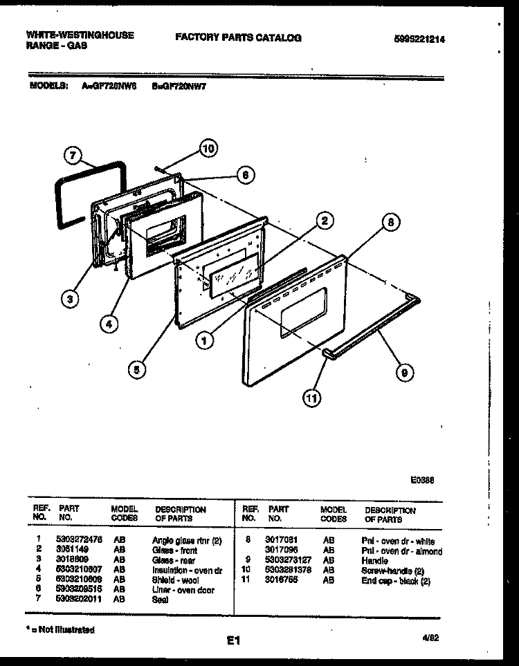 DOOR PARTS Diagram and Parts List for GF720NW6  Frigidaire Range
