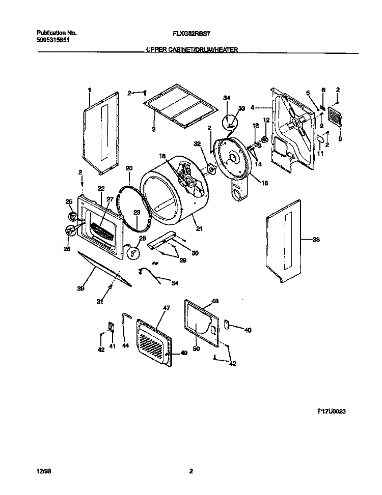 UPPER CABINET / DRUM / HEATER Diagram and Parts List for FLXG52RBS7  Frigidaire Washer Dryer Combo