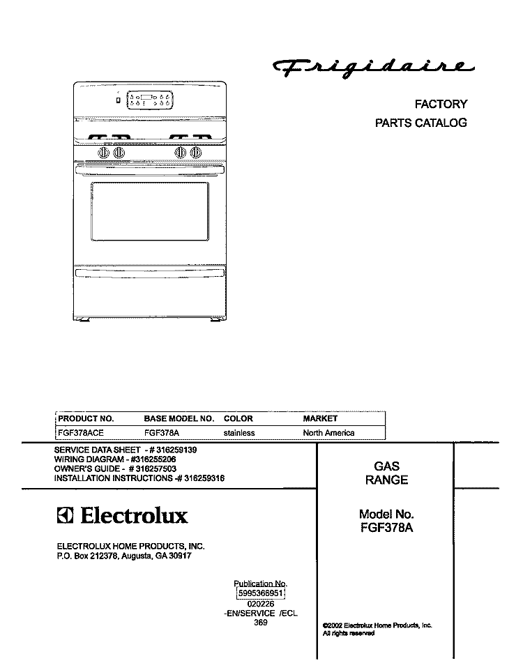 COVER Diagram and Parts List for FGF378ACE  Frigidaire Range
