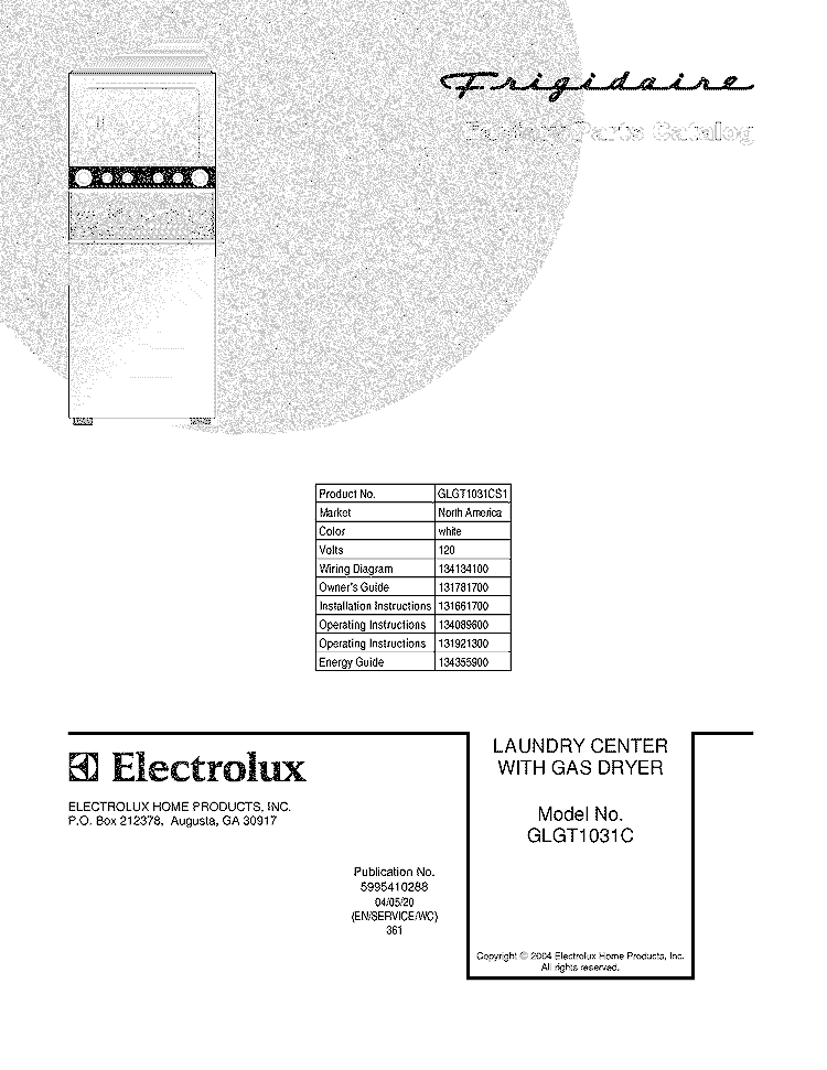 COVER Diagram and Parts List for GLGT1031CS1  Frigidaire Washer Dryer Combo
