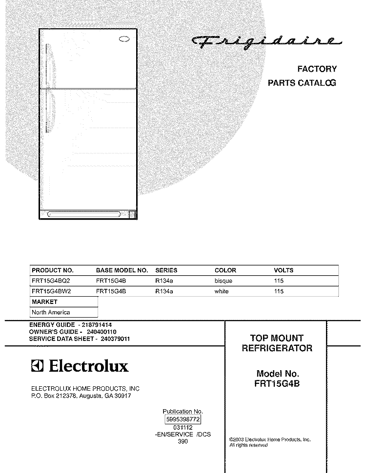 COVER Diagram and Parts List for FRT15G4BW2  Frigidaire Refrigerator