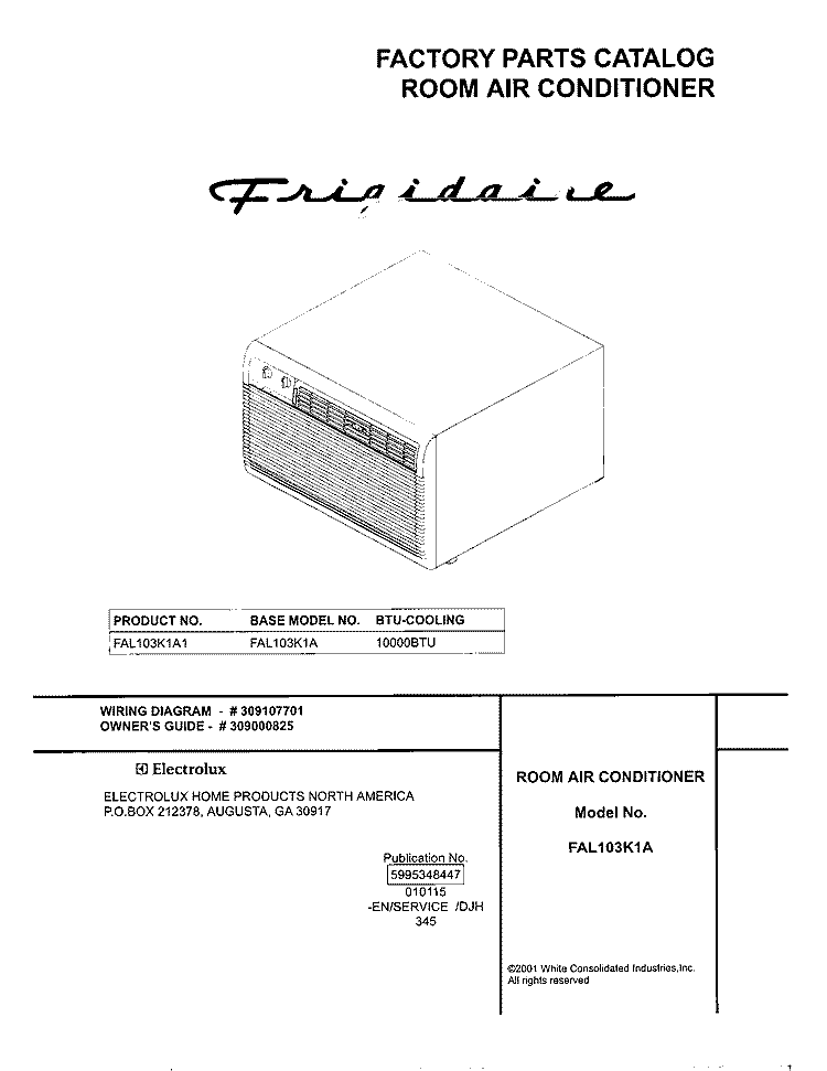 COVER Diagram and Parts List for FAL103K1A1  Frigidaire Air Conditioner