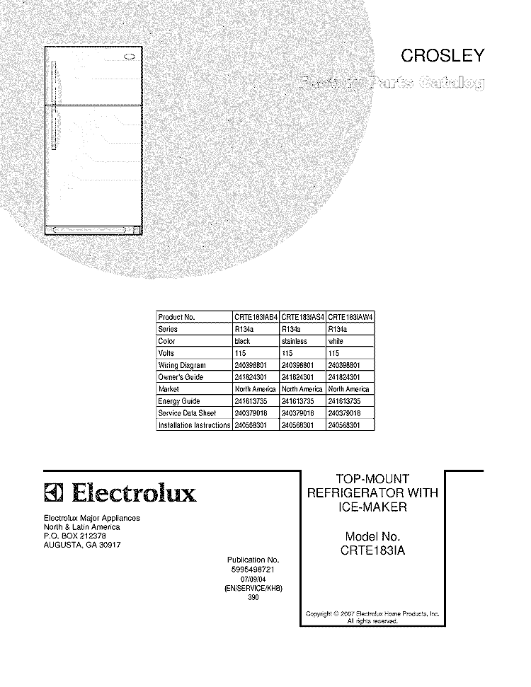 COVER Diagram and Parts List for CRTE183IAS4  Frigidaire Refrigerator