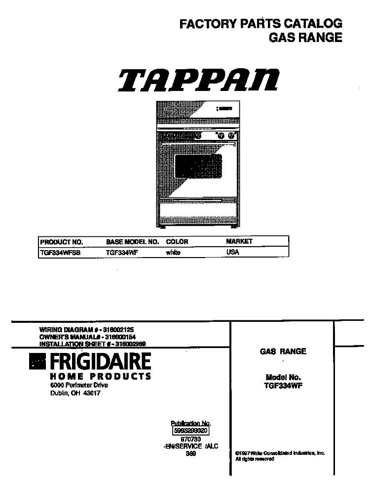 COVER Diagram and Parts List for TGF334WFSB  Tappan Range
