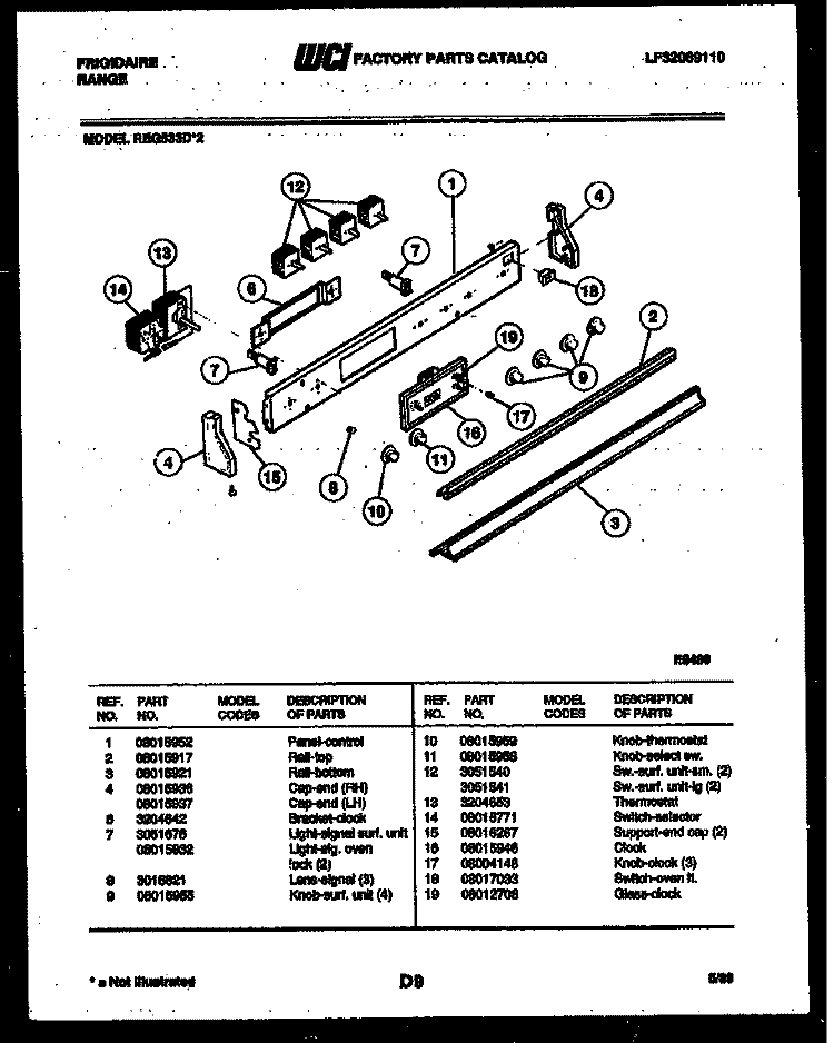 CONTROL PANEL Diagram and Parts List for REG533D2  Frigidaire Range