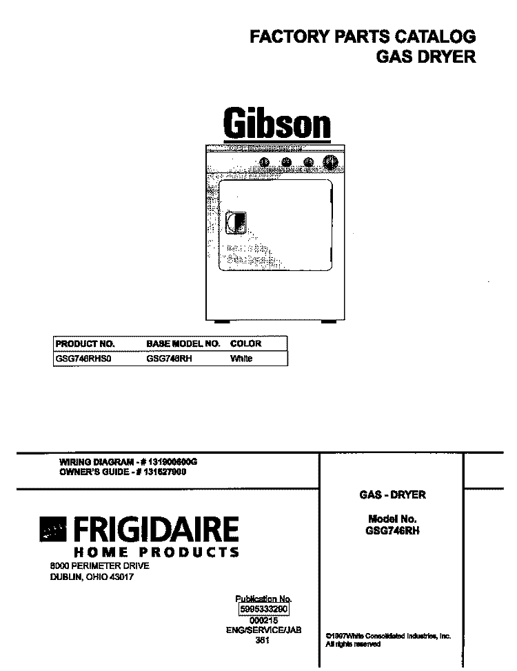 COVER Diagram and Parts List for GSG746RHS0  Gibson Dryer