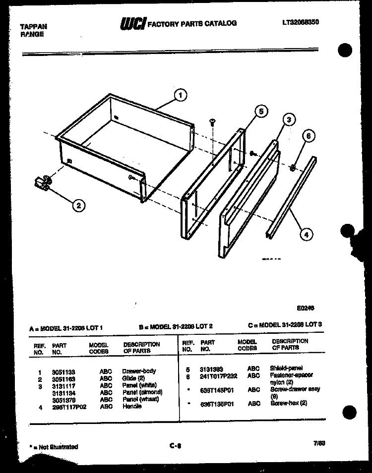 DRAWER PARTS Diagram and Parts List for 31-2208-00-03  Tappan Range
