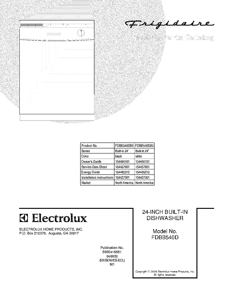 COVER Diagram and Parts List for FDBB540DS0  Frigidaire Dishwasher