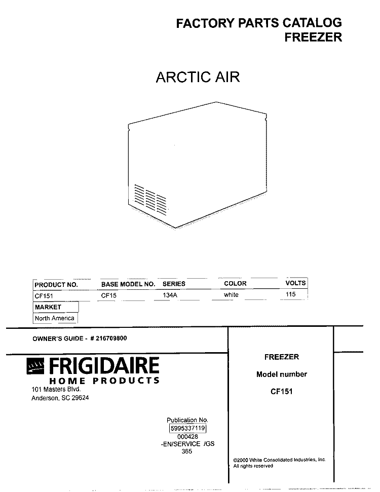 COVER Diagram and Parts List for CF151  Frigidaire Freezer