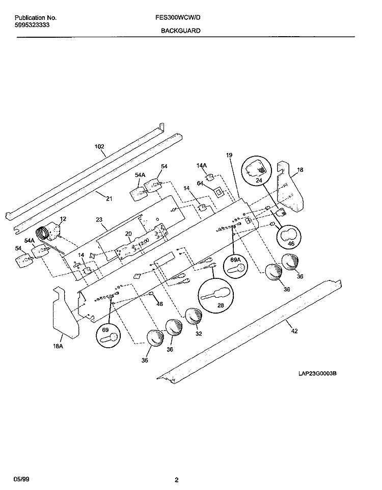 BACKGUARD Diagram and Parts List for FES300WCDF  Frigidaire Range