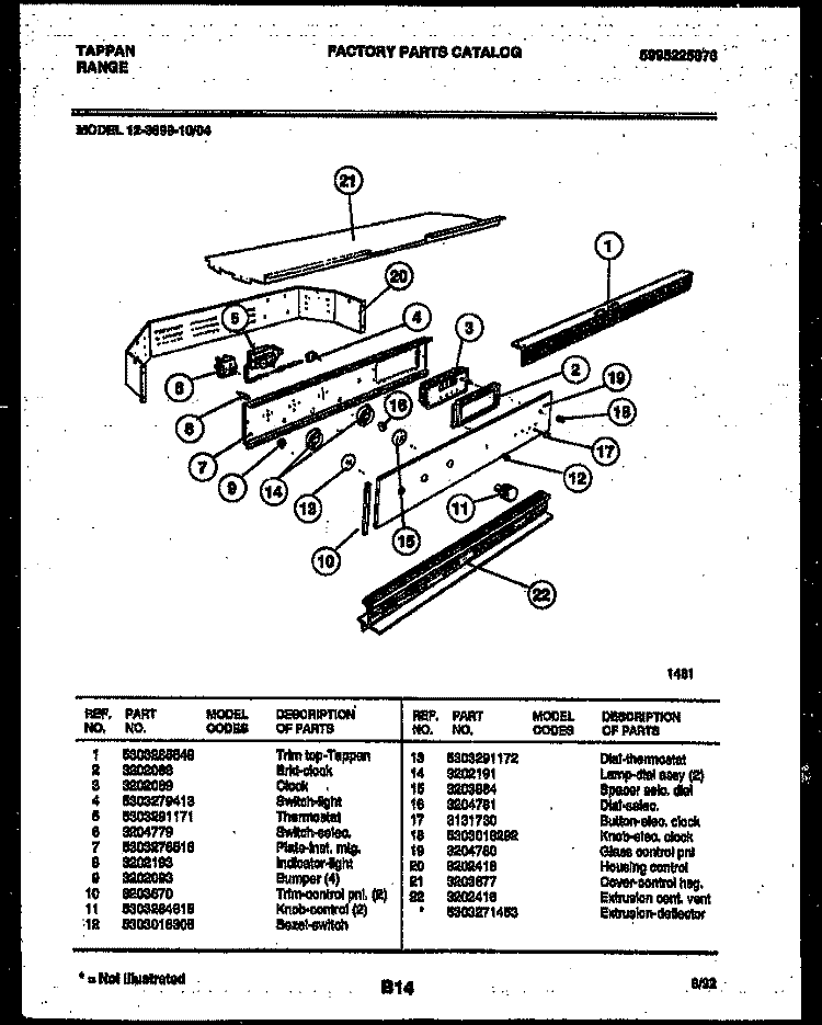CONTROL PANEL Diagram and Parts List for 12-3699-00-04  Tappan Wall Oven