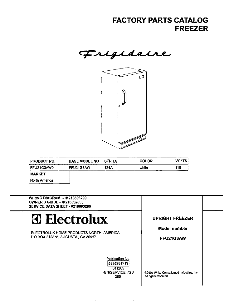 COVER Diagram and Parts List for FFU21G3AW0  Frigidaire Freezer