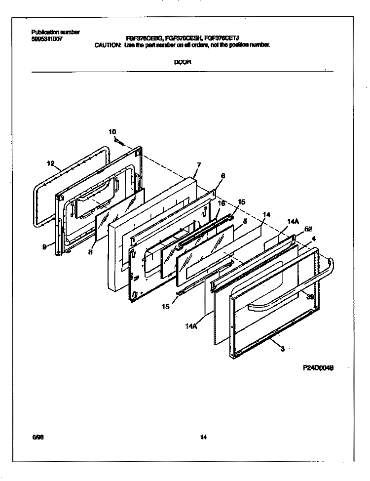 DOOR Diagram and Parts List for FGF376CETJ  Frigidaire Range