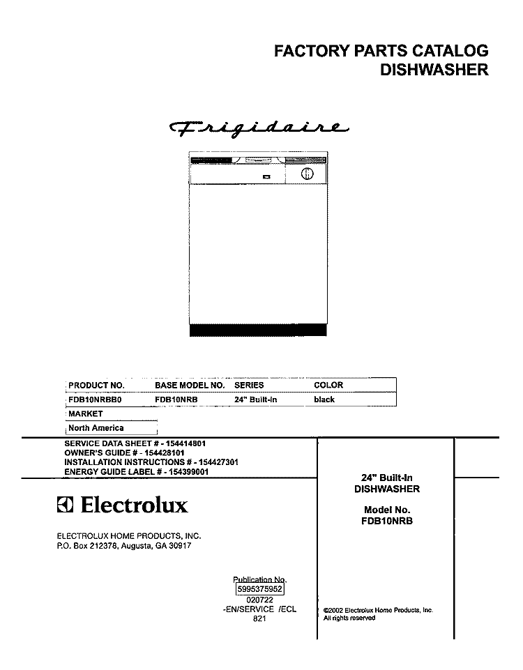 COVER Diagram and Parts List for FDB10NRBB0  Frigidaire Dishwasher