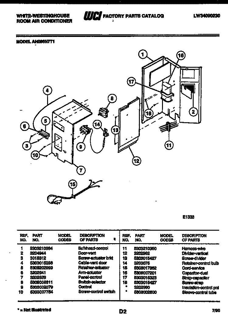 ELECTRICAL PARTS Diagram and Parts List for AH086N7T1  Frigidaire Air Conditioner