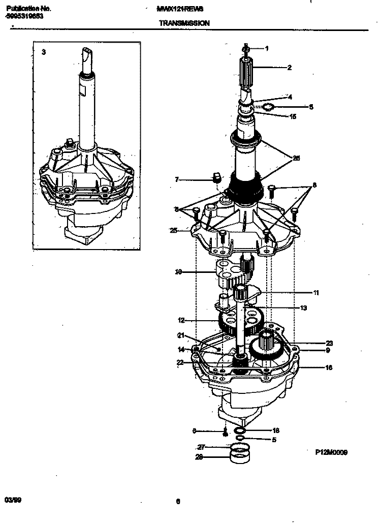 TRANSMISSION Diagram and Parts List for MWX121REW3  Frigidaire Washer