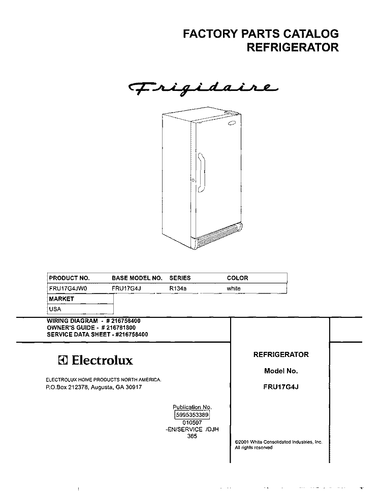 COVER Diagram and Parts List for FRU17G4JW0  Frigidaire Refrigerator