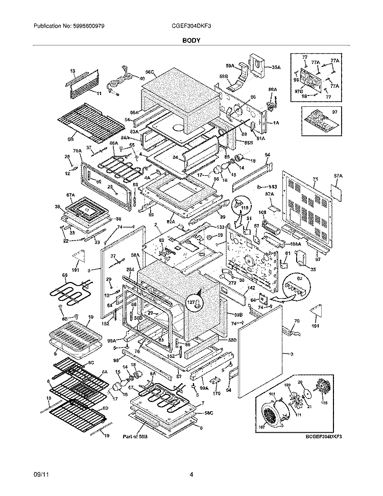 BODY Diagram and Parts List for CGEF304DKF3  Frigidaire Range