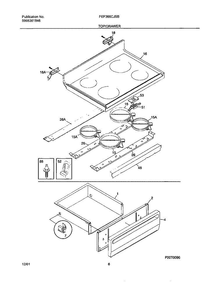 TOP / DRAWER Diagram and Parts List for FEF366CJSB  Frigidaire Range