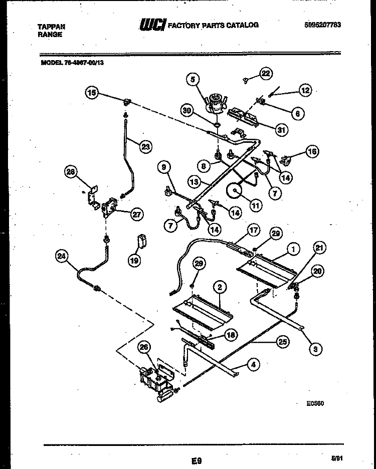 BURNER, MANIFOLD AND GAS CONTROL Diagram and Parts List for 76-4967-00-13  Tappan Microwave Oven Combo