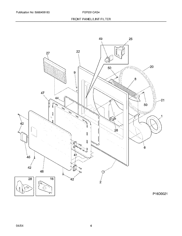 FRONT PANEL / LINT FILTER Diagram and Parts List for FGR231CAS4  Frigidaire Dryer
