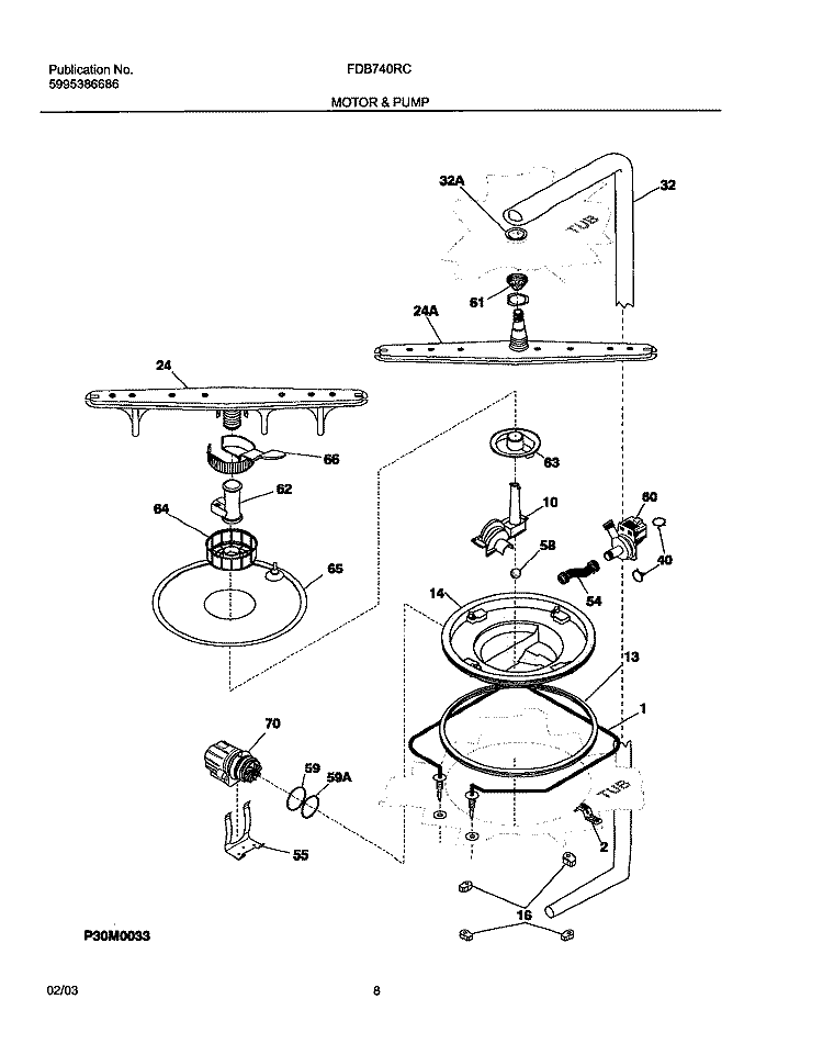MOTOR & PUMP Diagram and Parts List for FDB740RCS0  Frigidaire Dishwasher