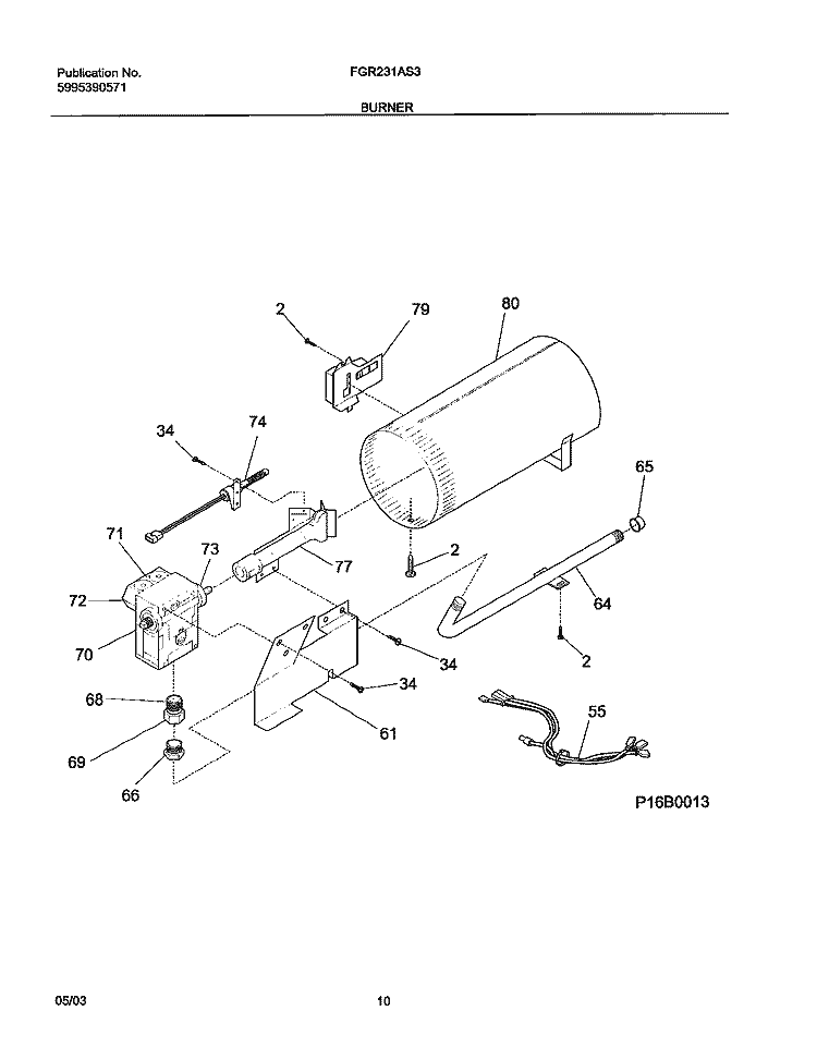 BURNER Diagram and Parts List for FGR231AS3  Frigidaire Dryer