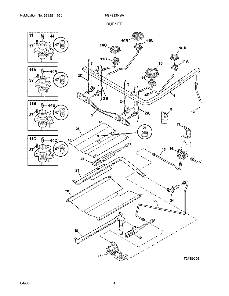 BURNER Diagram and Parts List for FGF382HSA  Frigidaire Range