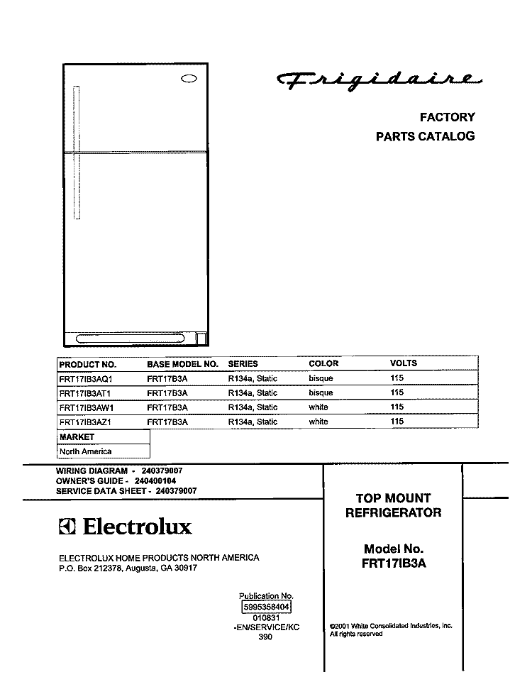 COVER Diagram and Parts List for FRT17IB3AZ1  Frigidaire Refrigerator