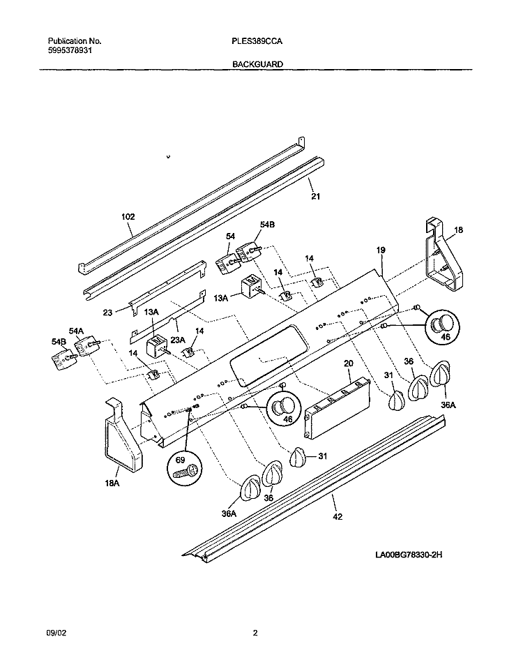 BACKGUARD Diagram and Parts List for PLES389CCA  Frigidaire Range