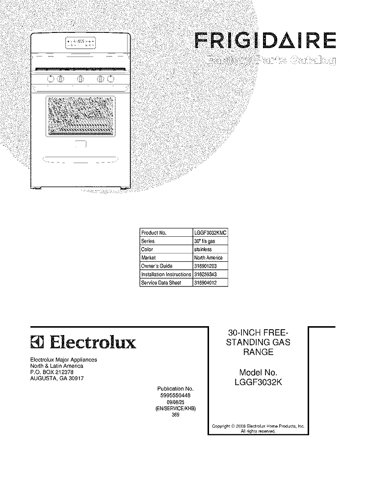 COVER Diagram and Parts List for LGGF3032KMC  Frigidaire Range