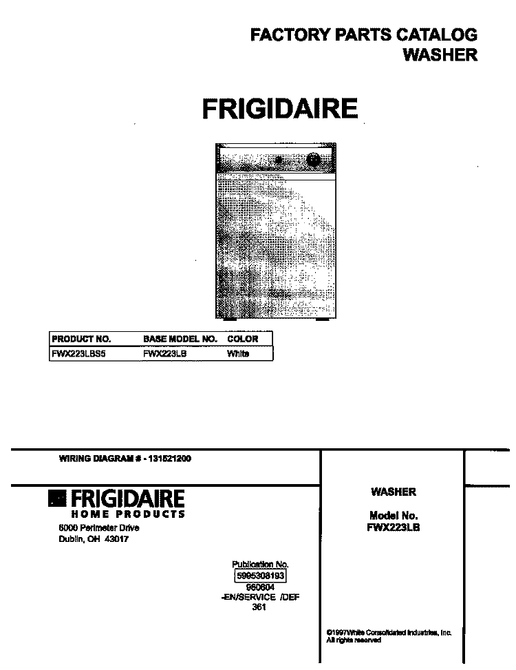 COVER Diagram and Parts List for FWX223LBS5  Frigidaire Washer