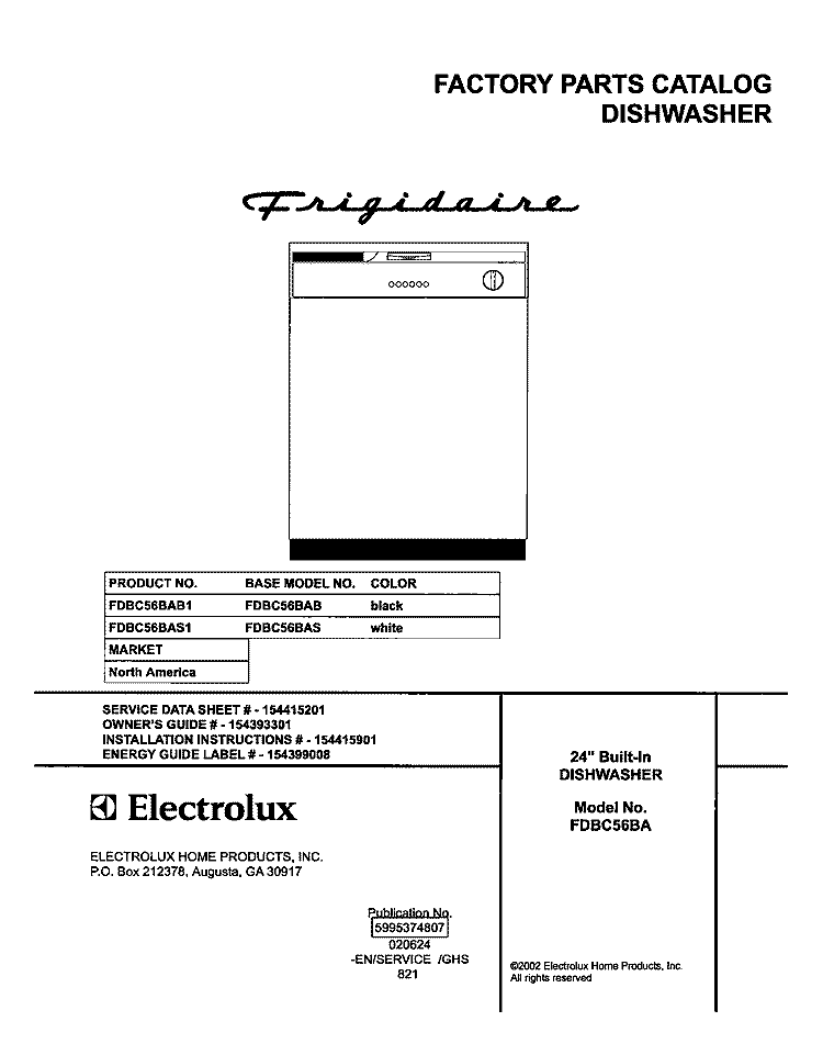 COVER Diagram and Parts List for FDBC56BAS1  Frigidaire Dishwasher