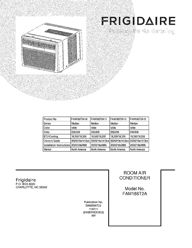 COVER Diagram and Parts List for FAM186T2A10  Frigidaire Air Conditioner