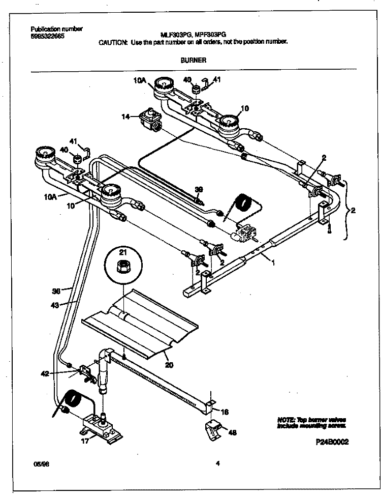 BURNER Diagram and Parts List for MPF303PGWD  Frigidaire Range