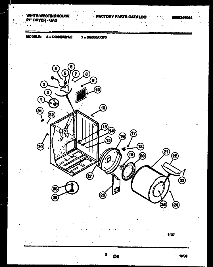 CABINET AND COMPONENT PARTS Diagram and Parts List for DG500AXW6  Frigidaire Dryer