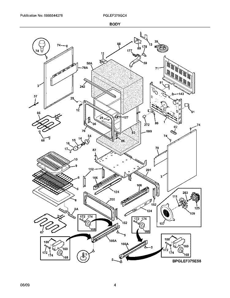 BODY Diagram and Parts List for PGLEF375GC4  Frigidaire Wall Oven