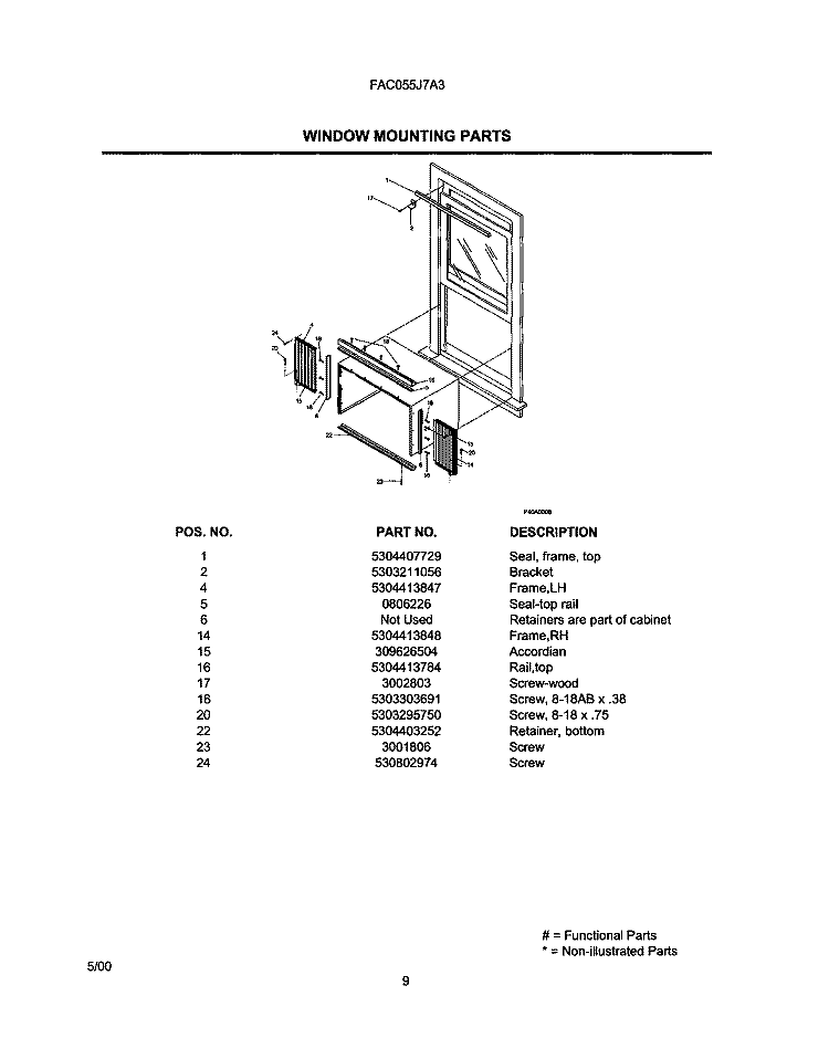 WINDOW MOUNTING PARTS Diagram and Parts List for FAC055J7A3  Frigidaire Air Conditioner
