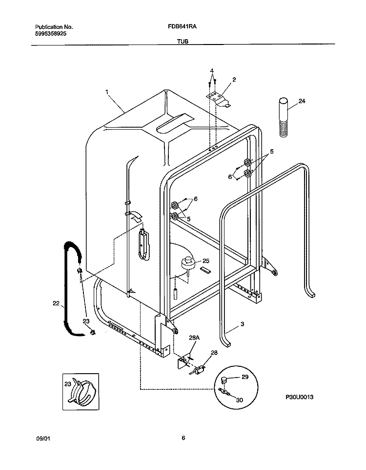 TUB Diagram and Parts List for FDB641RAB0  Frigidaire Dishwasher