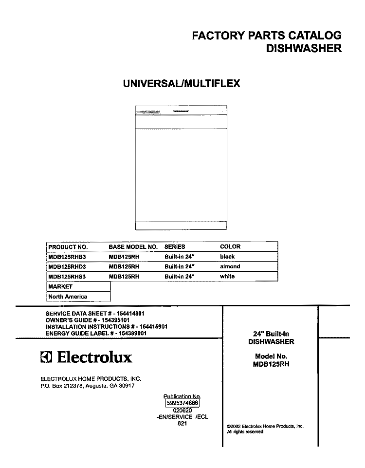 COVER Diagram and Parts List for MDB125RHD3  Uni Dishwasher