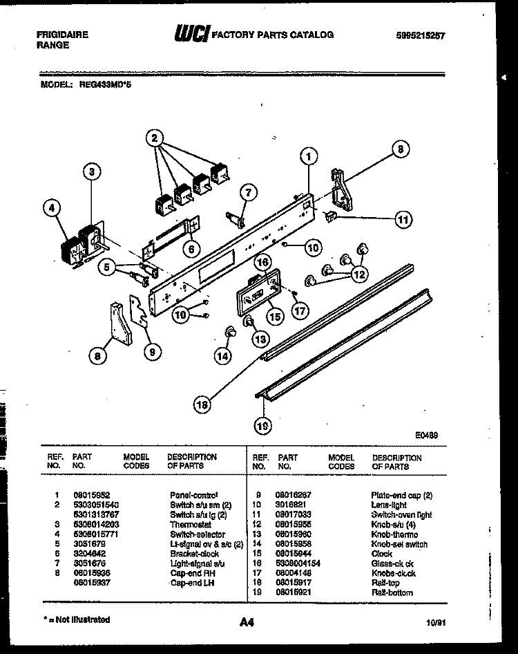 CONTROL PANEL Diagram and Parts List for REG433MDW5  Frigidaire Range